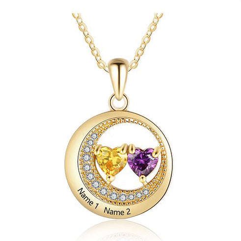 ThinkEngraved engraved necklace 14K Gold Over Sterling silver Personalized 2 Stone Mother's Necklace Moon Stars Pendant 2 Engraved Names