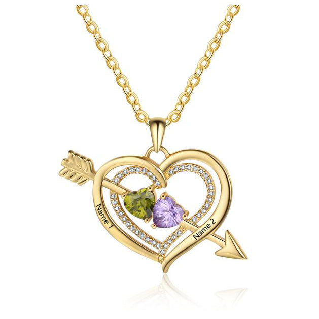 ThinkEngraved engraved necklace 14K Gold Over Sterling silver Personalized Mother's Necklace 2 Birthstones Cupid's Heart 2 Engraved Names