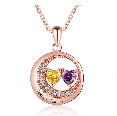 ThinkEngraved engraved necklace 14K Rose Gold Over Sterling Silver Personalized 2 Stone Mother's Necklace Moon Stars Pendant 2 Engraved Names