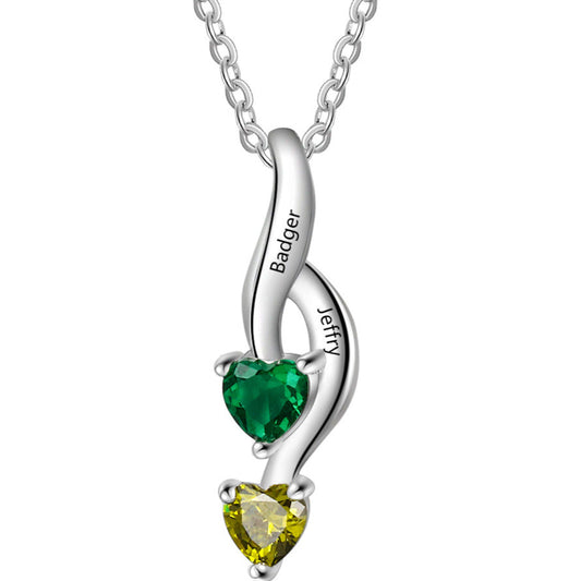 ThinkEngraved engraved necklace .925 Sterling Silver Personalized Mother's Necklace 2 Heart Birthstones 2 Engraved Names