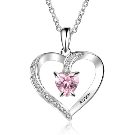 ThinkEngraved engraved necklace Custom Heart Cut Stone and Engraved Name Heart Pendant Necklace .925 Silver