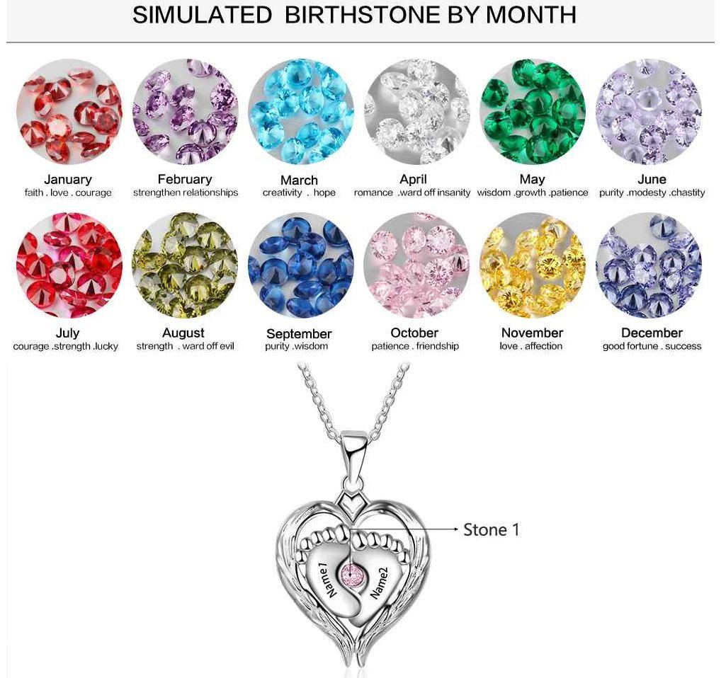ThinkEngraved engraved necklace Personalized 1 Birthstone Mother's Necklace Angel Wings and Baby Feet