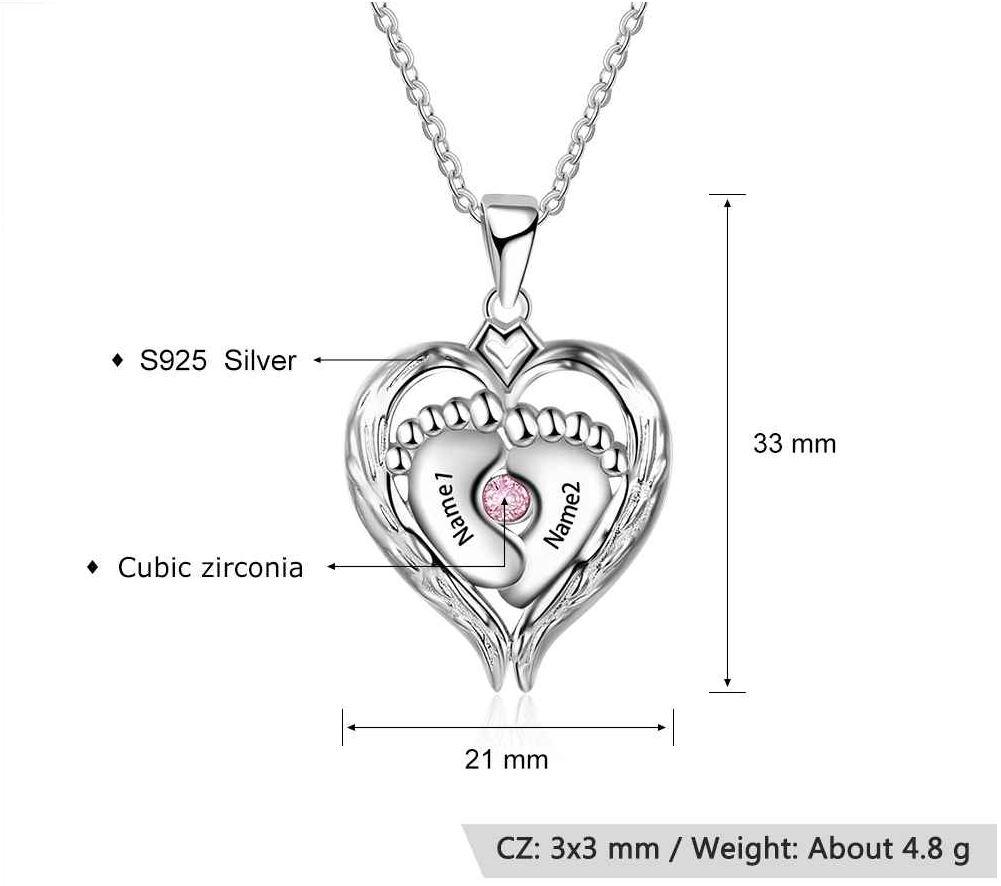 ThinkEngraved engraved necklace Personalized 1 Birthstone Mother's Necklace Angel Wings and Baby Feet