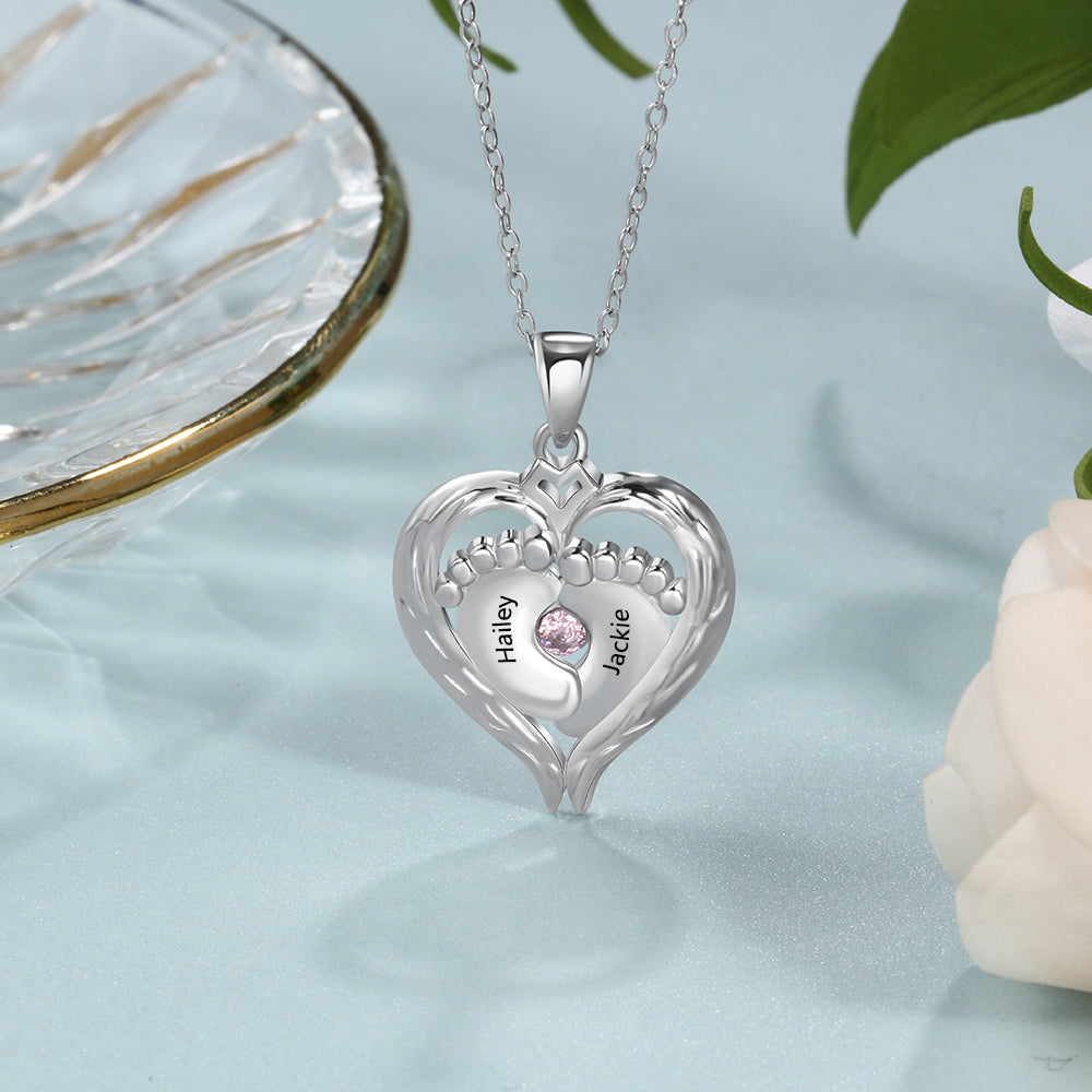 ThinkEngraved engraved necklace Personalized 1 Birthstone Mother's Necklace Angel Wings and Baby Feet