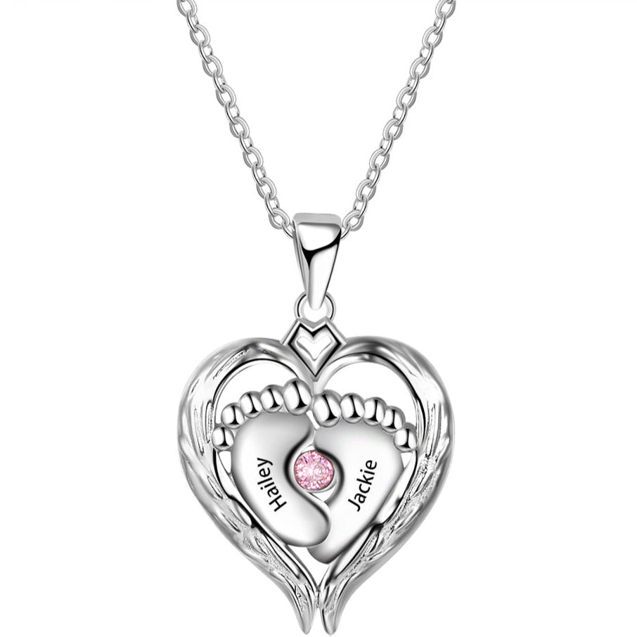 ThinkEngraved engraved necklace Personalized 1 Birthstone Mother's Necklace Angel Wings and Baby Feet