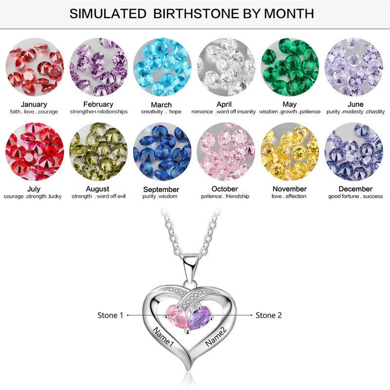 ThinkEngraved engraved necklace Personalized 2 Birthstone Mother's Heart Necklace Inner Heart - 2 Names