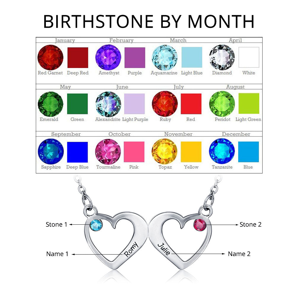 ThinkEngraved engraved necklace Personalized 2 Birthstone Mother's Necklace Double Heart 2 Engraved Names