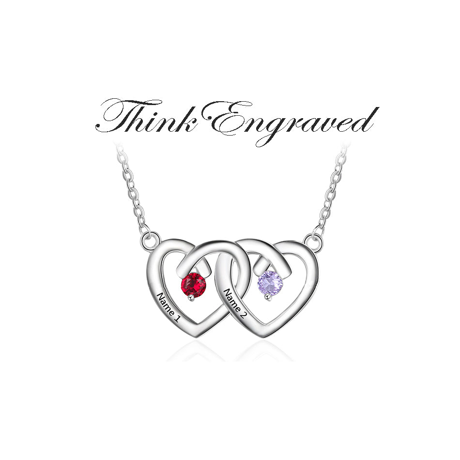 ThinkEngraved engraved necklace Personalized 2 Birthstone Mother's Ring Chained Hearts Pendant 2 Names