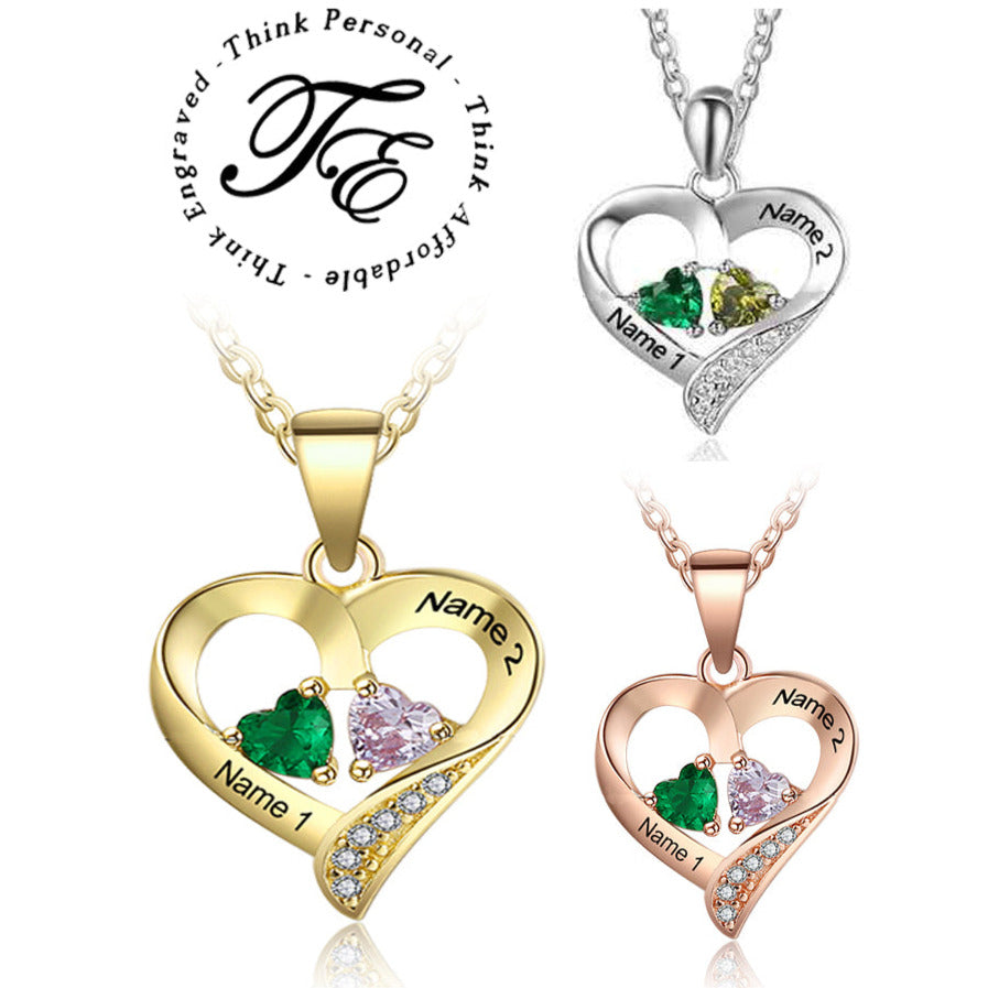 ThinkEngraved engraved necklace Personalized 2 Birthstone Mothers Necklace Joined Hearts 2 Names