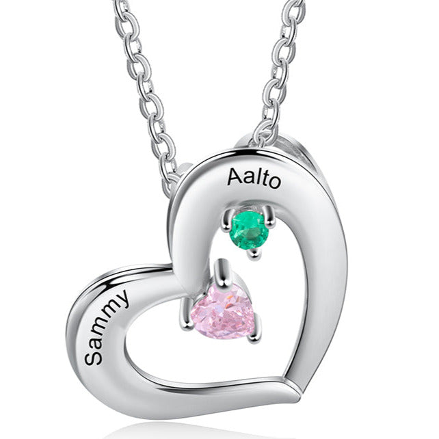 ThinkEngraved engraved necklace Personalized 2 Stone Leaning Heart Mother's Necklace or Girlfriend Necklace