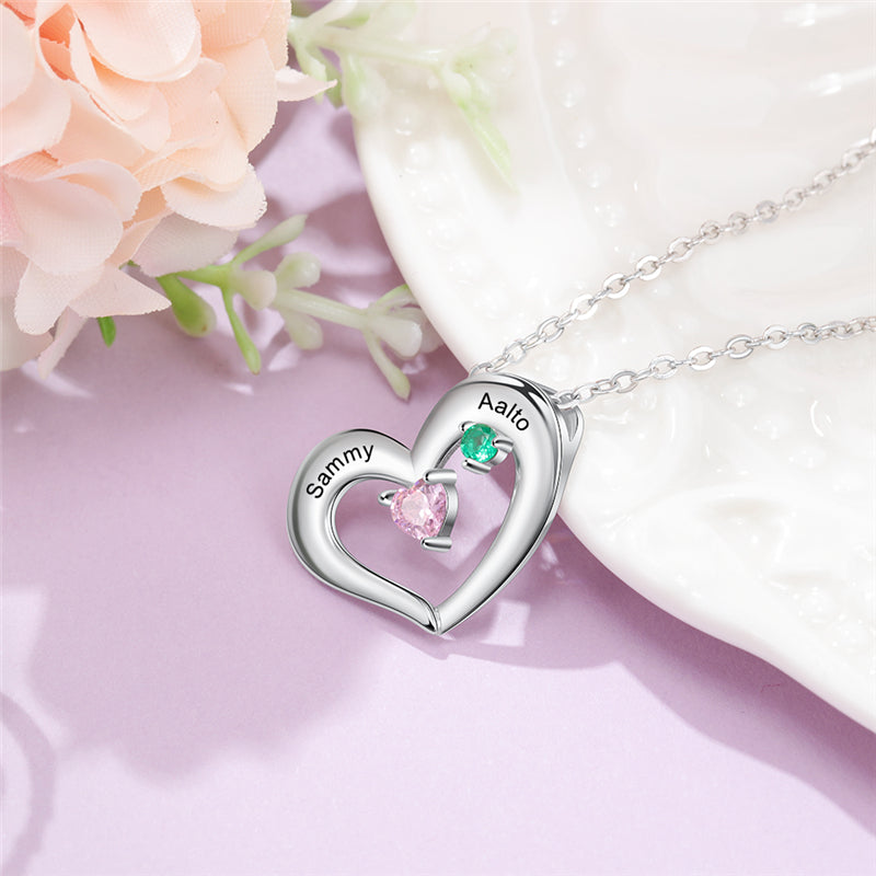 ThinkEngraved engraved necklace Personalized 2 Stone Leaning Heart Mother's Necklace or Girlfriend Necklace