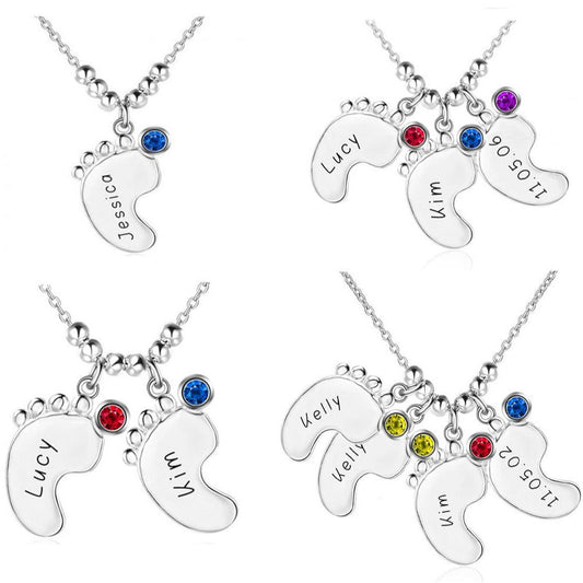ThinkEngraved engraved necklace Personalized Baby Feet Mother's Necklace 1, 2, 3 or 4 Birthstones