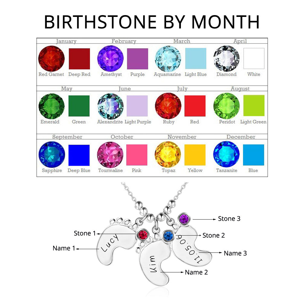 ThinkEngraved engraved necklace Personalized Baby Feet Mother's Necklace 1, 2, 3 or 4 Birthstones