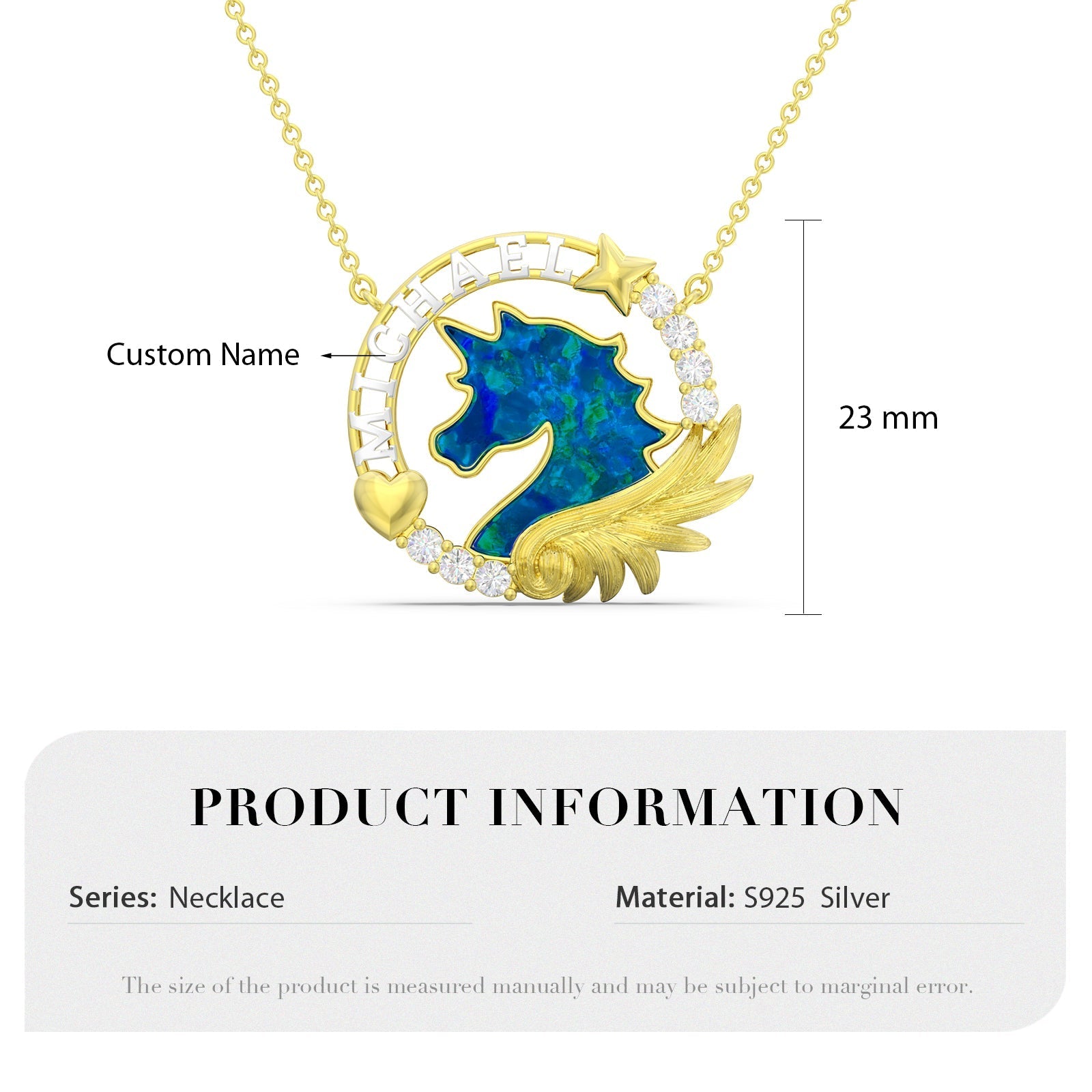 ThinkEngraved engraved necklace Personalized Blue opal Unicorn Gold Necklace With 3d Name Cut Out