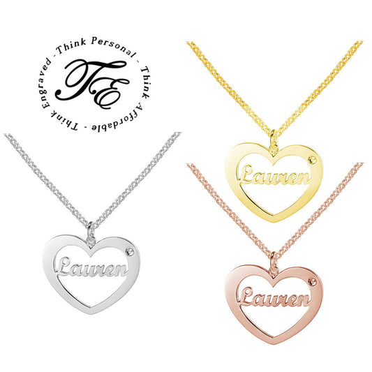 ThinkEngraved engraved necklace Personalized Cut Out Name Necklace  1 Birthstone Heart Pendant