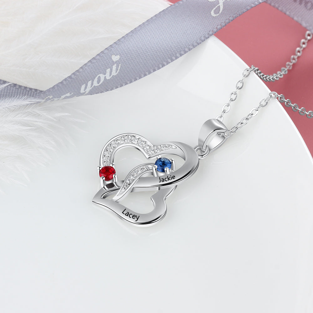 ThinkEngraved engraved necklace Personalized Mother's Necklace 2 Birthstones 2 Names Tangled Hearts Stainless Steel