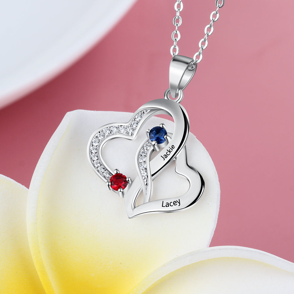 ThinkEngraved engraved necklace Personalized Mother's Necklace 2 Birthstones 2 Names Tangled Hearts Stainless Steel