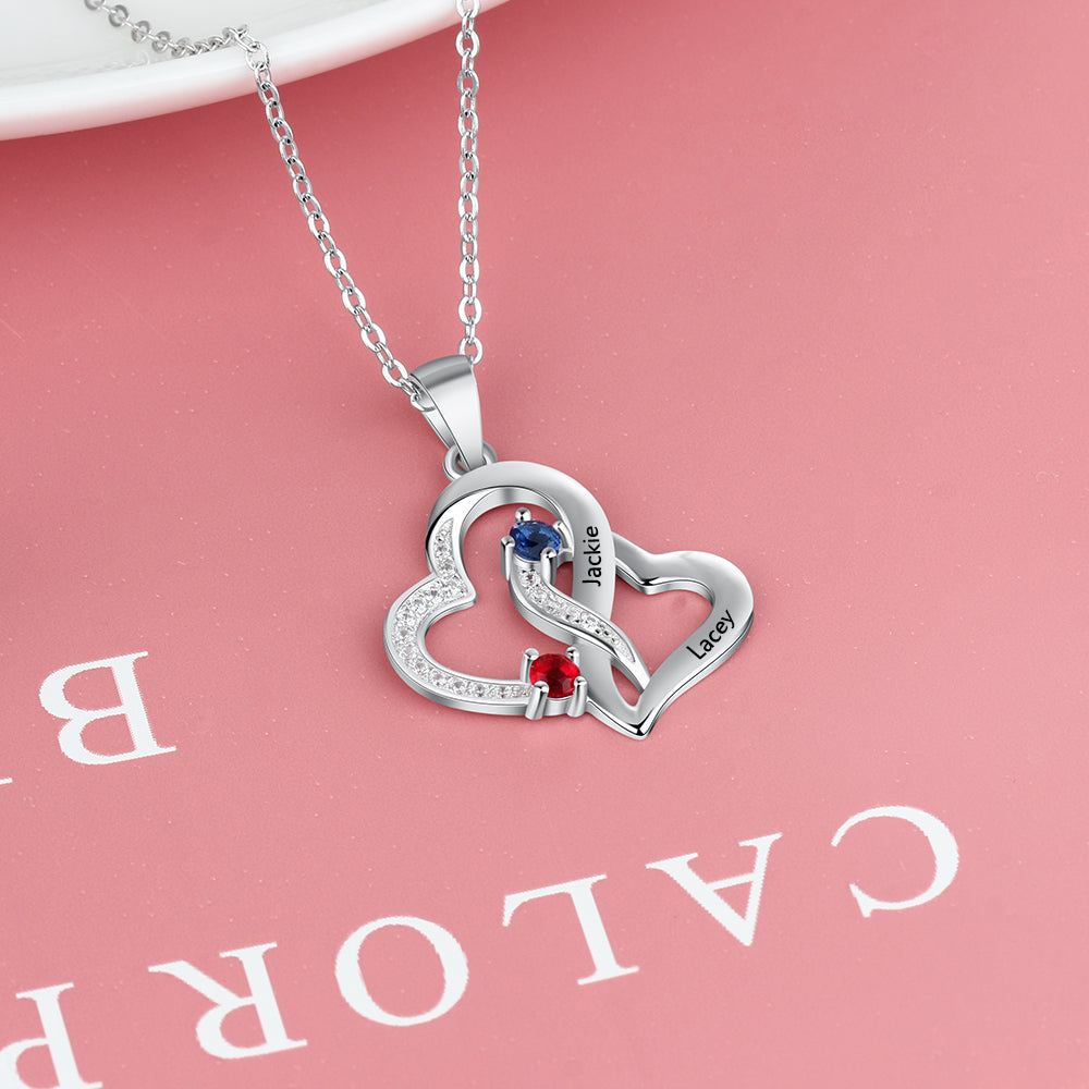 ThinkEngraved engraved necklace Personalized Mother's Necklace 2 Birthstones 2 Names Tangled Hearts Stainless Steel