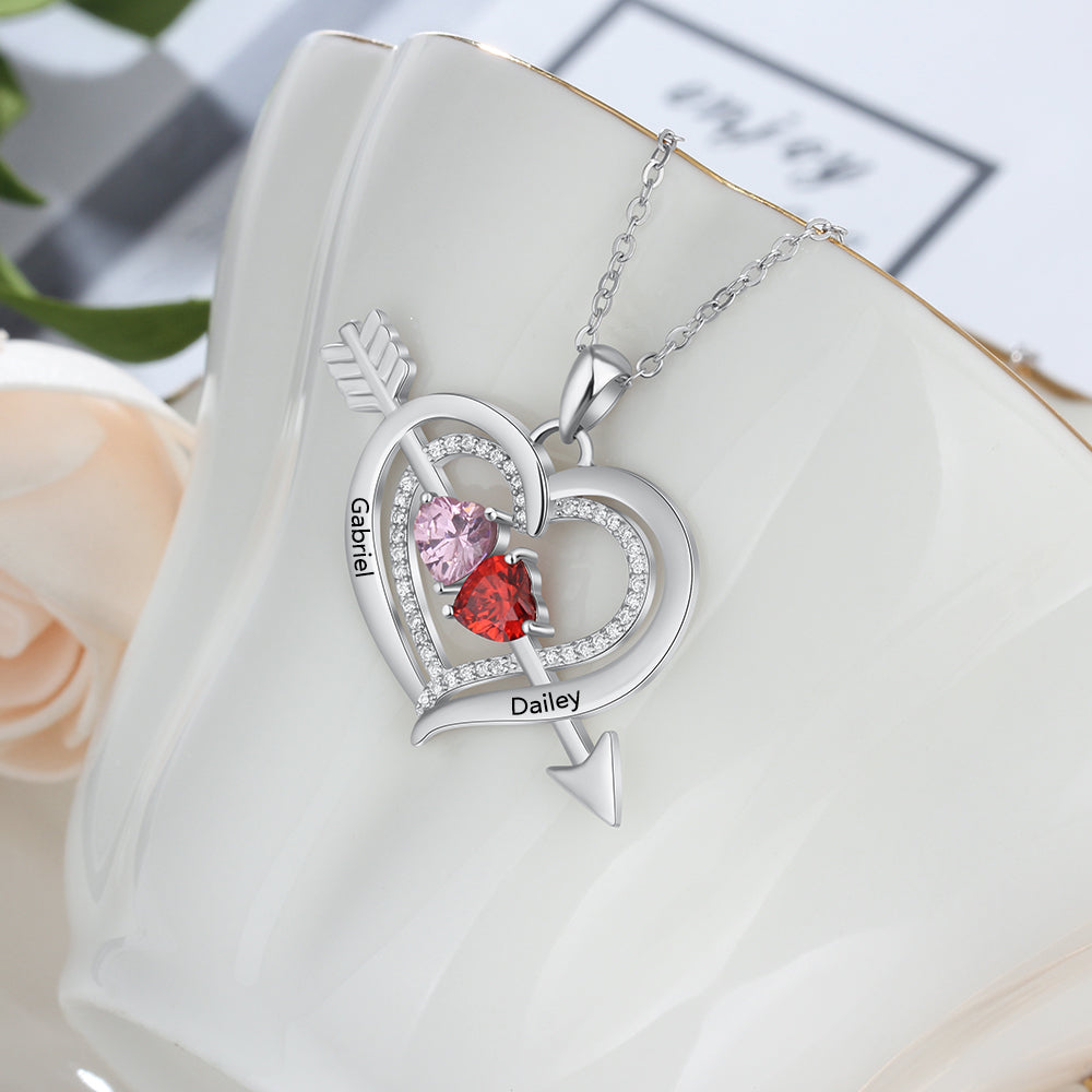 ThinkEngraved engraved necklace Personalized Mother's Necklace 2 Birthstones Cupid's Heart 2 Engraved Names