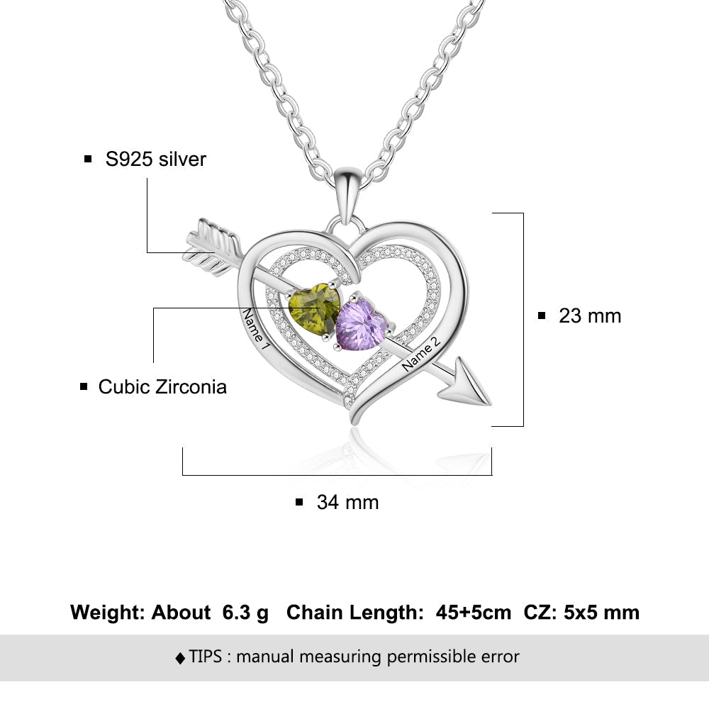 ThinkEngraved engraved necklace Personalized Mother's Necklace 2 Birthstones Cupid's Heart 2 Engraved Names