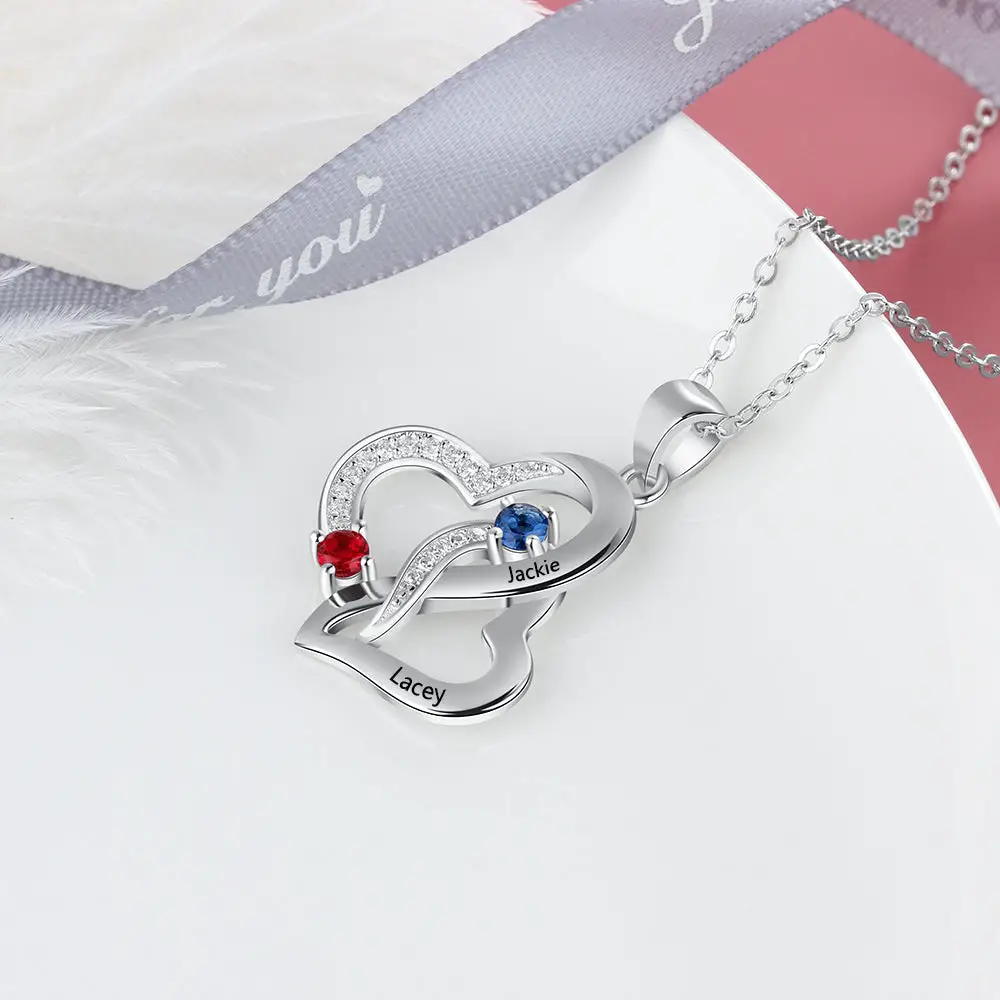 ThinkEngraved engraved necklace Personalized Mother's Necklace 2 Birthstones Entangled Hearts 2 Names