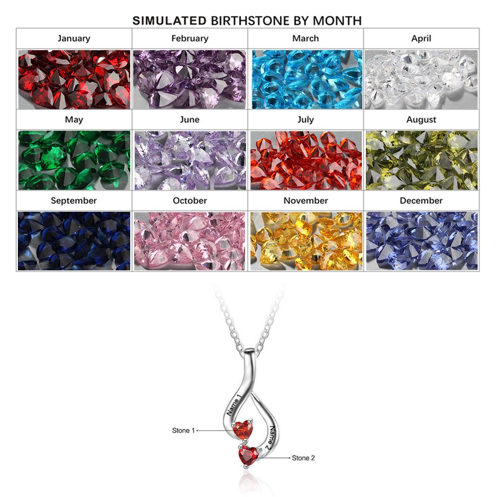 ThinkEngraved engraved necklace Personalized Mother's Pendant Necklace 2 Heart Birthstones 2 Names Hanging Hearts