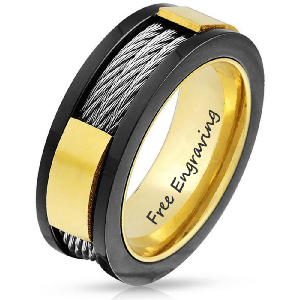 ThinkEngraved Engraved Ring 9 Personalized Engraved Men's Cable Inlay Promise Ring - Handwriting Ring