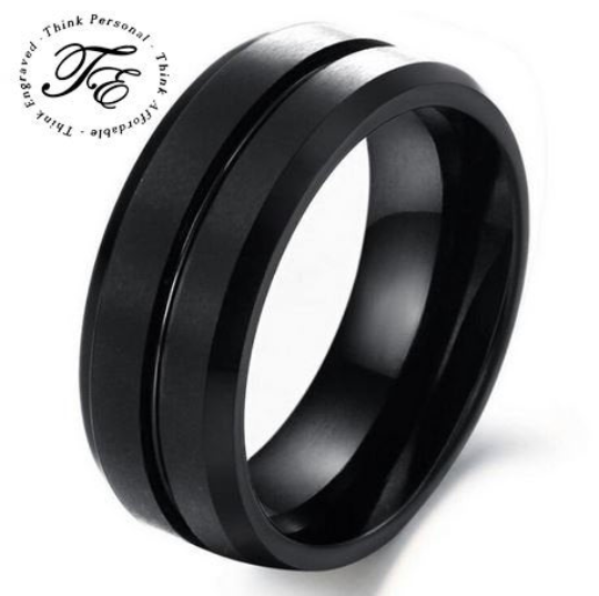 ThinkEngraved Engraved Ring Personalized Men's Promise Ring - Black Center Groove Stainless Steel
