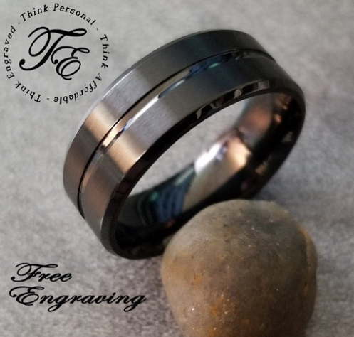 ThinkEngraved Engraved Ring Personalized Men's Promise Ring - Black Center Groove Stainless Steel