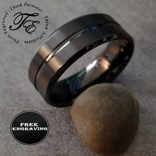 ThinkEngraved Engraved Ring Personalized Men's Promise Ring - Black Center Groove Stainless Steel