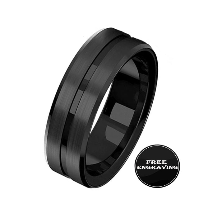 ThinkEngraved Engraved Ring Personalized Men's Promise Ring - Black Center Groove Stainless Steel
