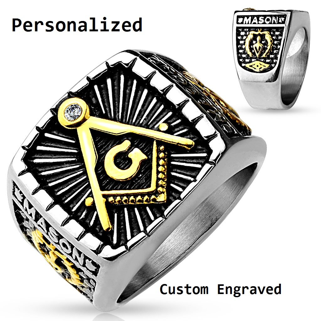 ThinkEngraved Mason Ring Personalized Ornate Free Mason Compass Ring Engraved Masonic Ring