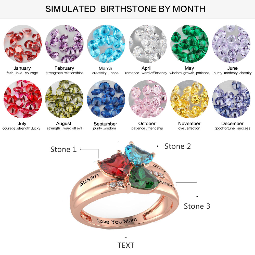 ThinkEngraved Mother's Ring 3 BirthStone Rose Gold Mother's Ring Three Loves 3 Names