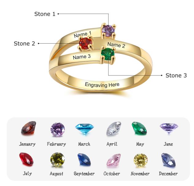 ThinkEngraved Mother's Ring 3 Stone Mother's Ring Gold Ribbon Band 3 Engraved Names