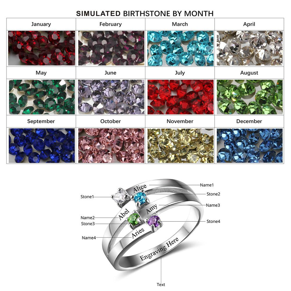 ThinkEngraved Mother's Ring 4 Birthstone Mother's Ring 4 Split Ribbon Band 4 Names