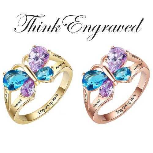 ThinkEngraved Mother's Ring 4 Birthstone Mother's Ring Gold Butterfly Design 4 Names