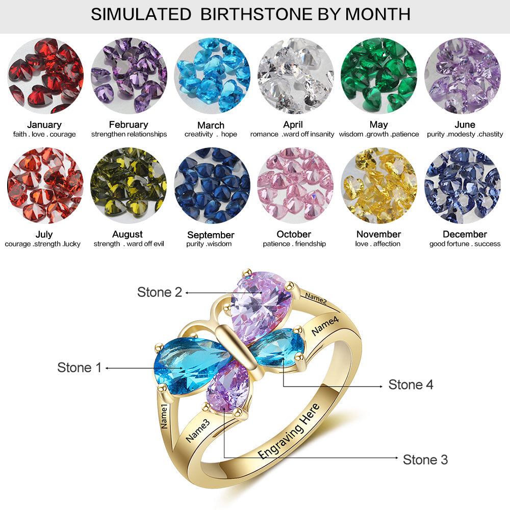 ThinkEngraved Mother's Ring 4 Birthstone Mother's Ring Gold Butterfly Design 4 Names