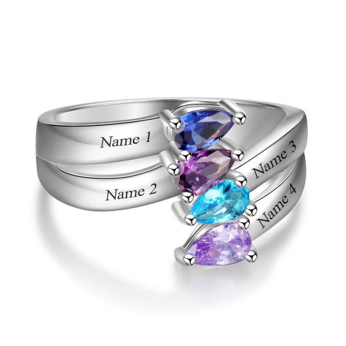 ThinkEngraved Mother's Ring 4 Birthstone Mother's Ring Tear Drop Cut Gems 4 Engraved Names