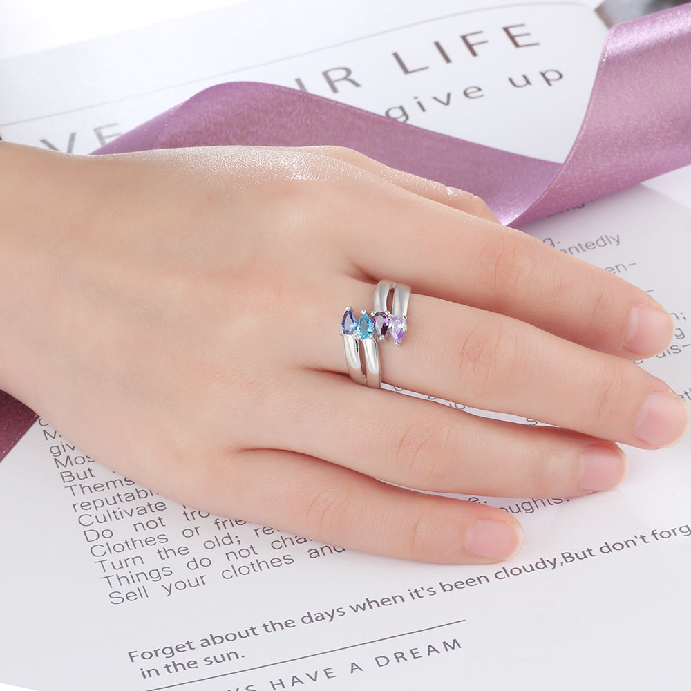 ThinkEngraved Mother's Ring 4 Birthstone Mother's Ring Tear Drop Cut Gems 4 Engraved Names