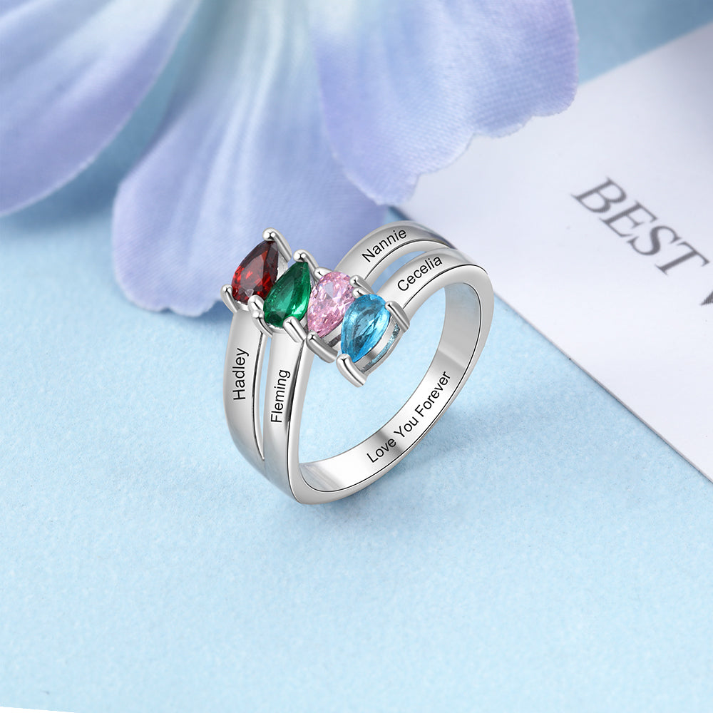 ThinkEngraved Mother's Ring 4 Birthstone Mother's Ring Tear Drop Cut Gems 4 Engraved Names