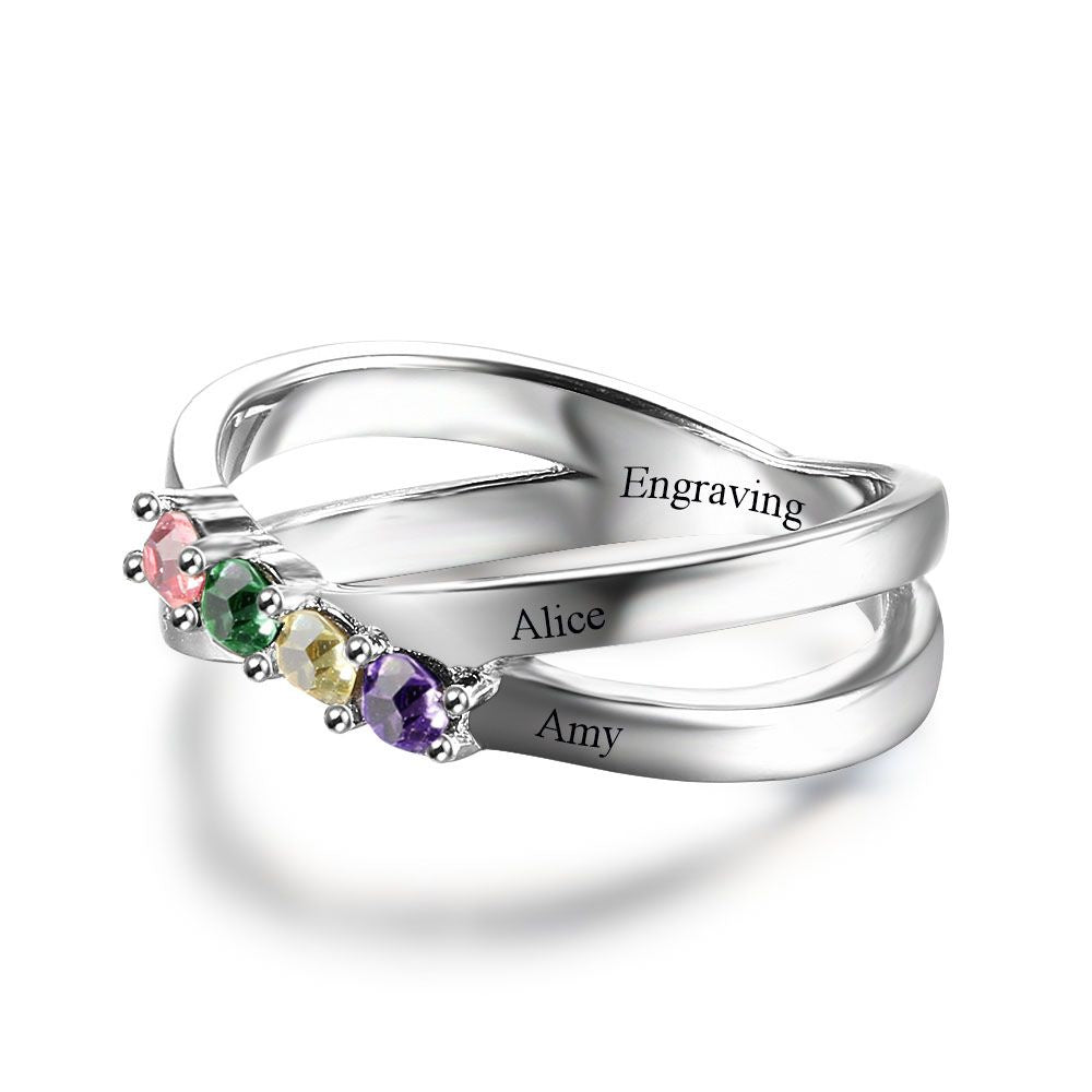 ThinkEngraved Mother's Ring 4 Birthstone Sterling Silver Mother's Ring Lined Hearts Split Band 4 Names