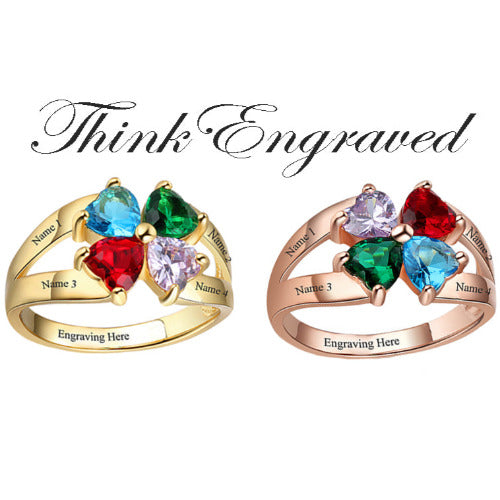 ThinkEngraved Mother's Ring 4 Heart Birthstone Mother's Ring 14k Gold Hearts Together 4 Names