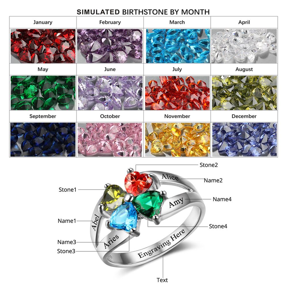 ThinkEngraved Mother's Ring 4 Heart Birthstone Mother's Ring .925 Sterling Hearts Together 4 Names