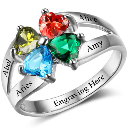 ThinkEngraved Mother's Ring 4 Heart Birthstone Mother's Ring .925 Sterling Hearts Together 4 Names