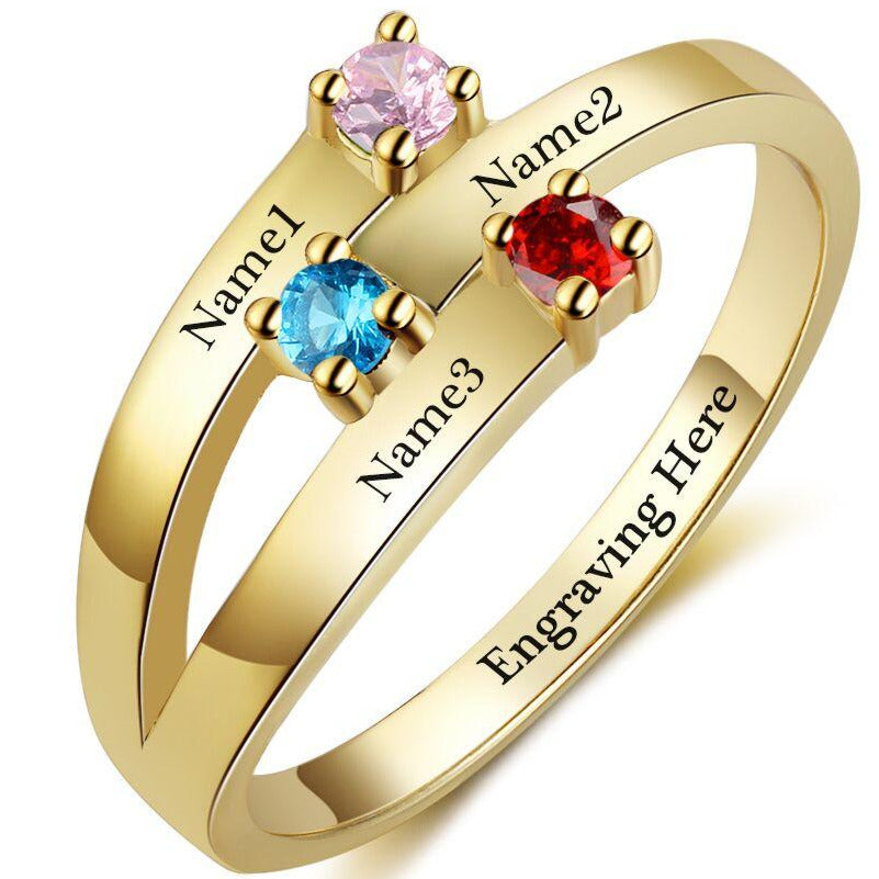 ThinkEngraved Mother's Ring 5 3 Stone Mother's Ring Gold Ribbon Band 3 Engraved Names