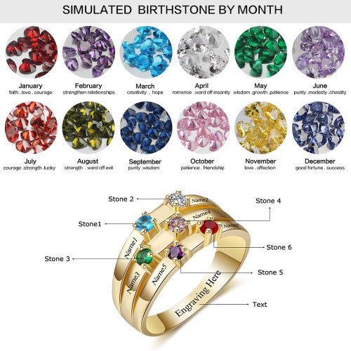 ThinkEngraved Mother's Ring 6 Birthstone Gold Mother's Ring 3 Split Ribbon Band 6 Names
