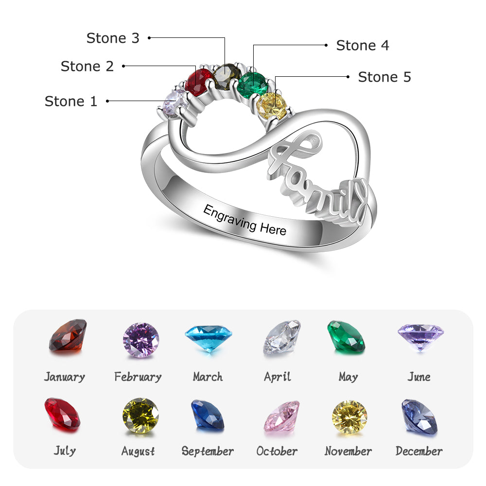 ThinkEngraved Mother's Ring Personalized 5 Birthstone Mother's Infinity Ring Family 5 Engraved Names