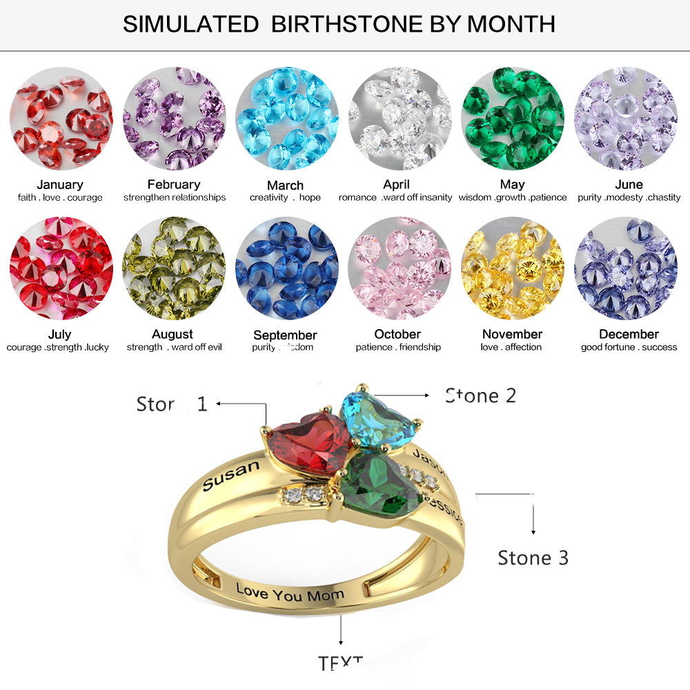 ThinkEngraved Mother's Ring Personalized Gold Mother's Ring 3 Birthstones Three Loves 3 Names