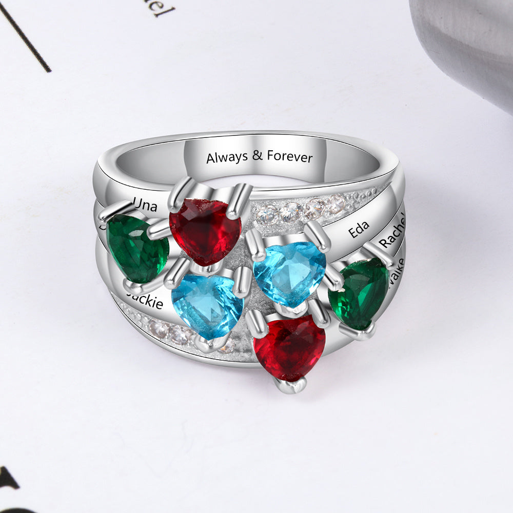 ThinkEngraved Mother's Ring Personalized Mothers Ring 6 Heart Birthstones and 6 Engraved Names