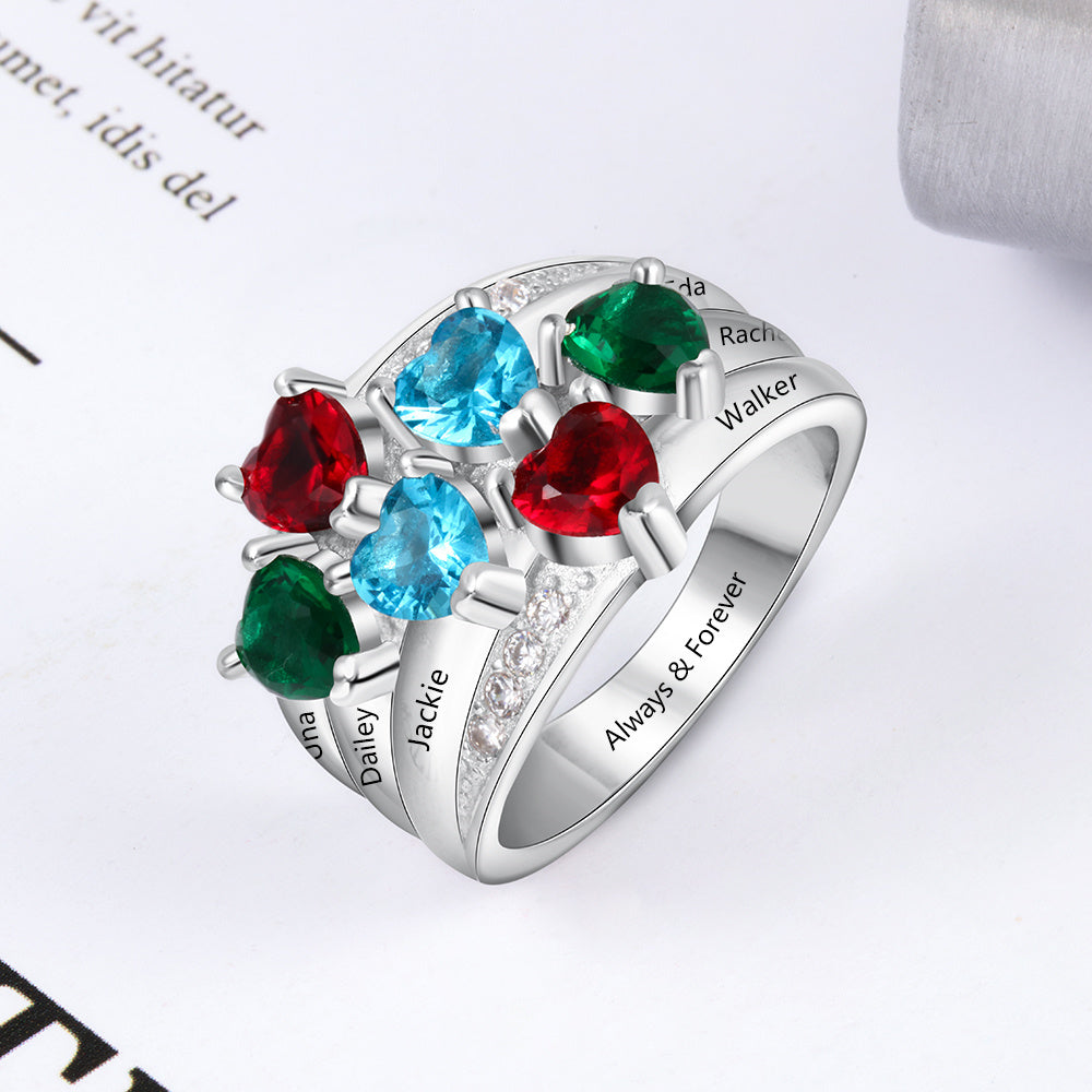 ThinkEngraved Mother's Ring Personalized Mothers Ring 6 Heart Birthstones and 6 Engraved Names